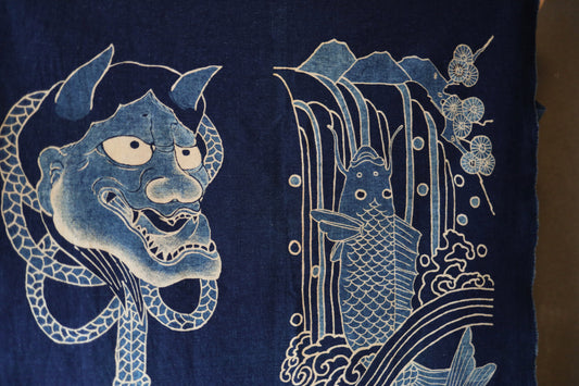 Japanese large wall drapery with Hannya carp KOI fish, dyed cloth 100% cotton, interior, wall decoration, NOREN H46.9×31.9in/H119×81cm