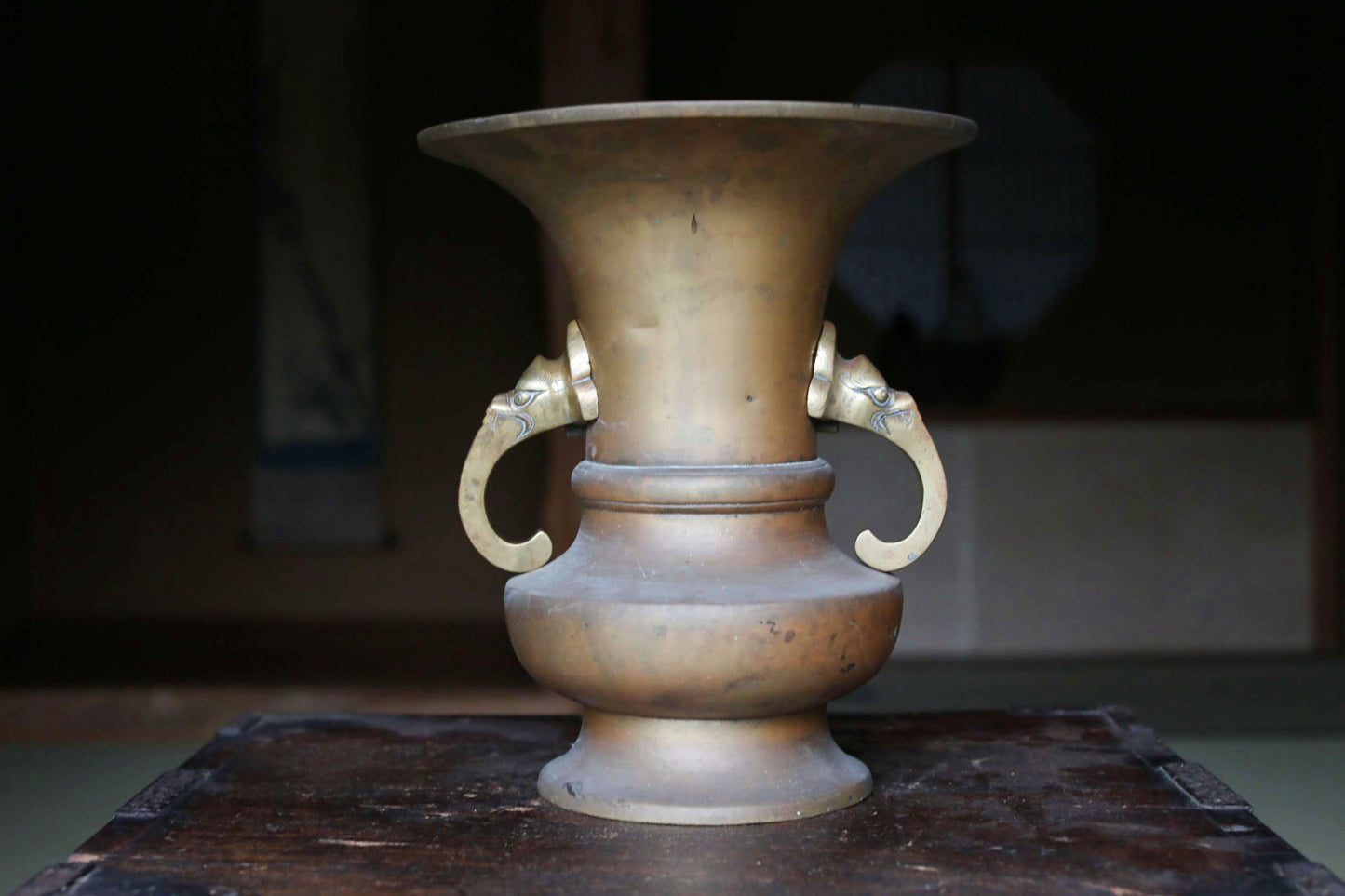 Japanese antique Large Brass vase with lions from a buddhist temple, ikebana utensil 1800s H11.5in/H29cm