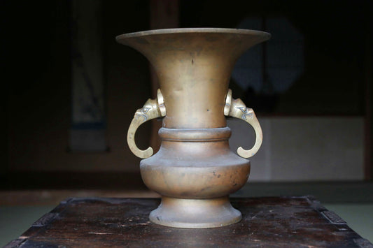 Japanese antique Large Brass vase with lions from a buddhist temple, ikebana utensil 1800s H11.5in/H29cm