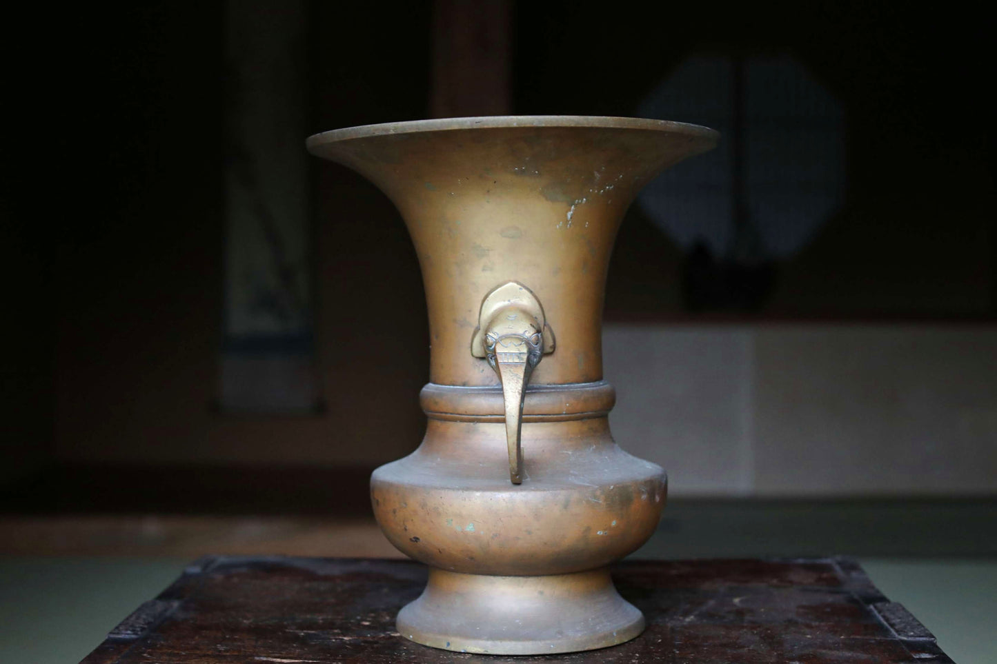 Japanese antique Large Brass vase with lions from a buddhist temple, ikebana utensil 1800s H11.5in/H29cm