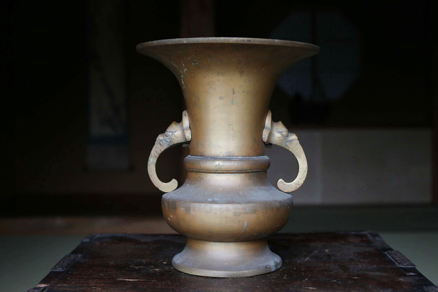 Japanese antique Large Brass vase with lions from a buddhist temple, ikebana utensil 1800s H11.5in/H29cm