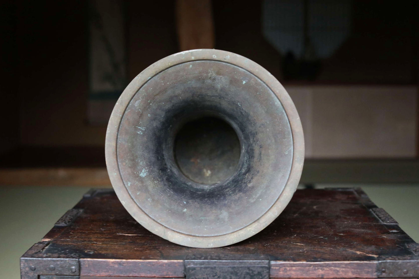 Japanese antique Large Brass vase with lions from a buddhist temple, ikebana utensil 1800s H11.5in/H29cm
