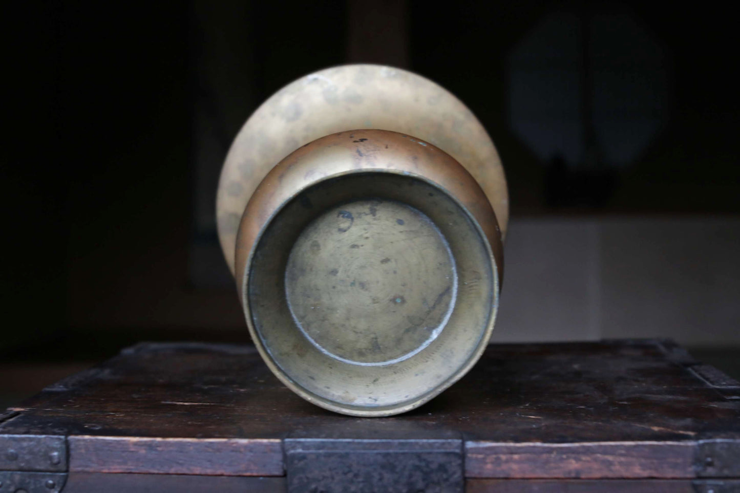 Japanese antique Large Brass vase with lions from a buddhist temple, ikebana utensil 1800s H11.5in/H29cm