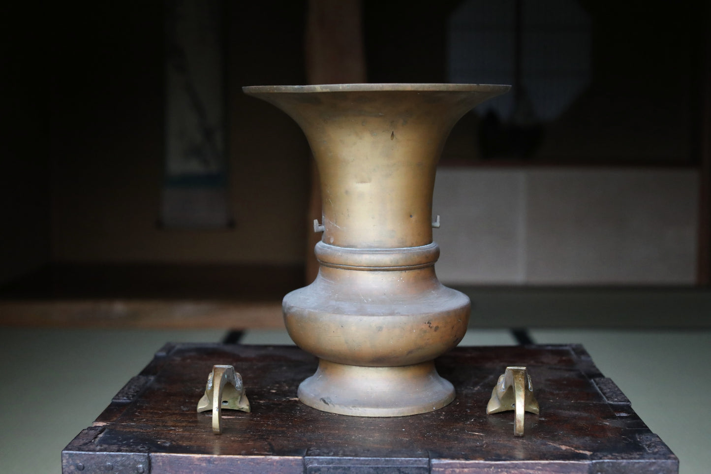Japanese antique Large Brass vase with lions from a buddhist temple, ikebana utensil 1800s H11.5in/H29cm