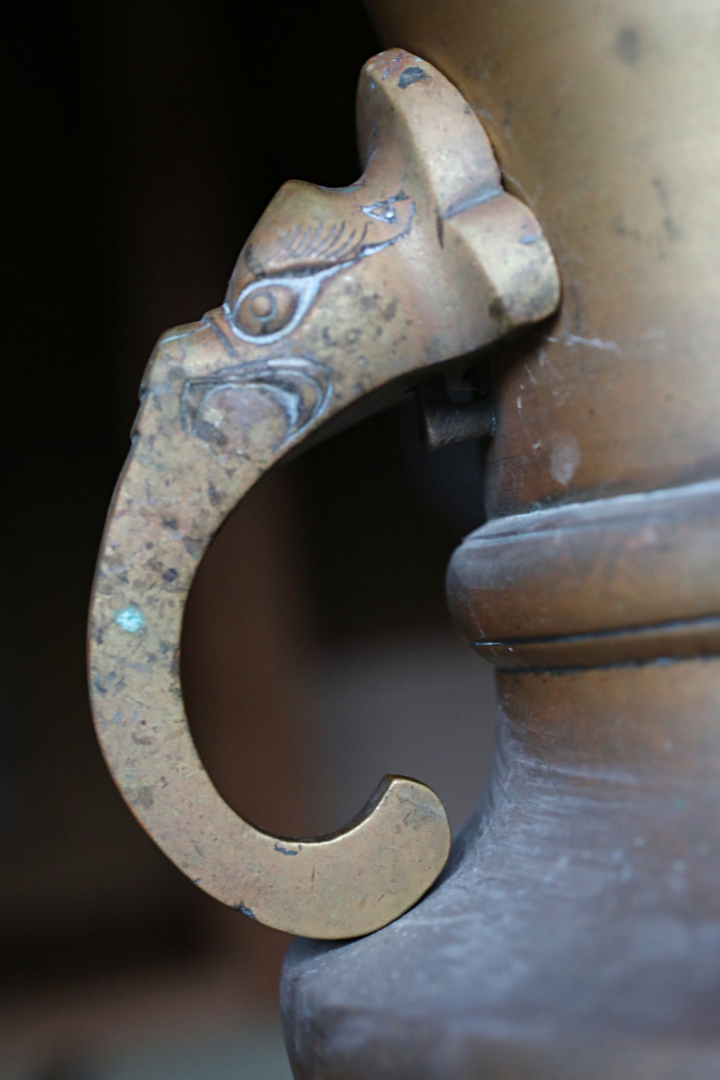Japanese antique Large Brass vase with lions from a buddhist temple, ikebana utensil 1800s H11.5in/H29cm