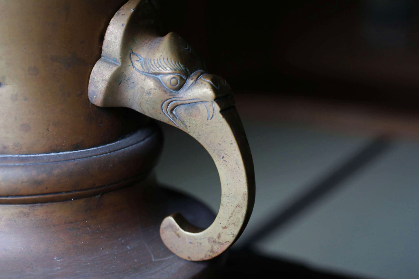 Japanese antique Large Brass vase with lions from a buddhist temple, ikebana utensil 1800s H11.5in/H29cm