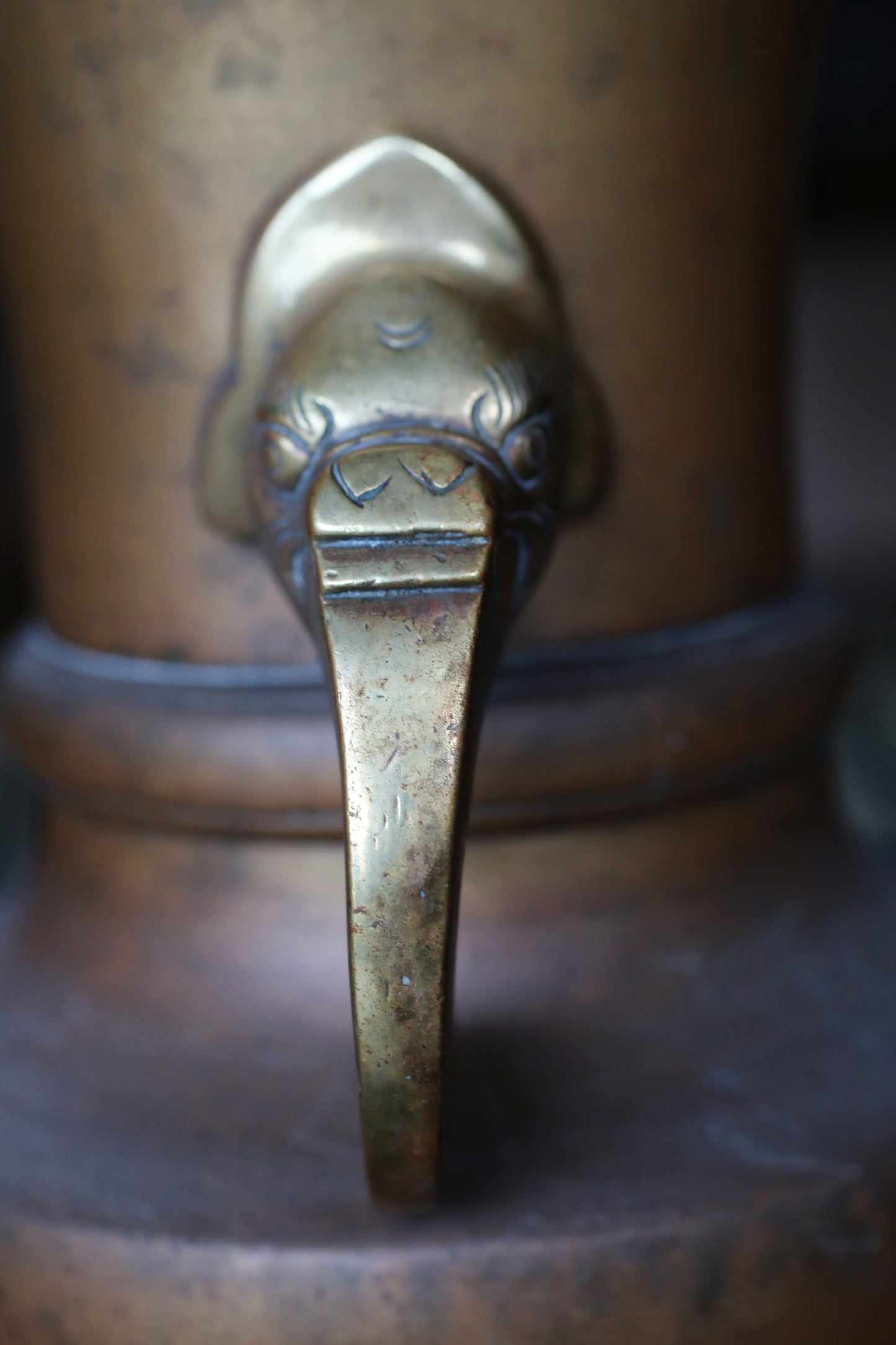 Japanese antique Large Brass vase with lions from a buddhist temple, ikebana utensil 1800s H11.5in/H29cm
