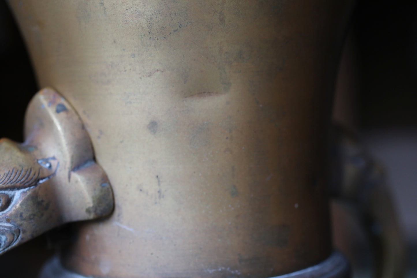 Japanese antique Large Brass vase with lions from a buddhist temple, ikebana utensil 1800s H11.5in/H29cm