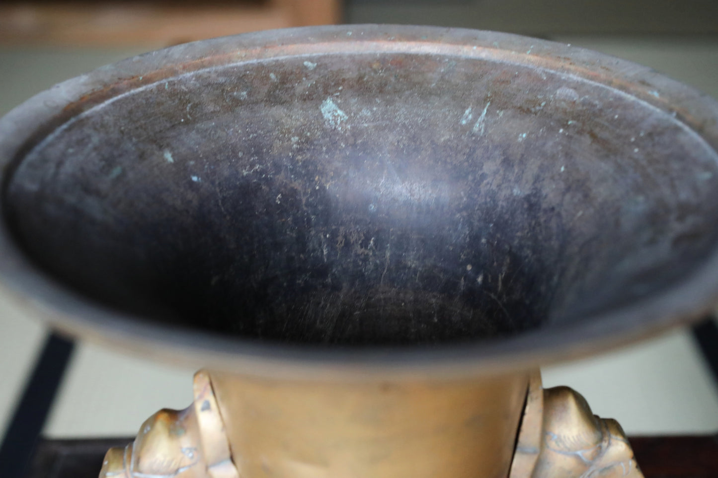 Japanese antique Large Brass vase with lions from a buddhist temple, ikebana utensil 1800s H11.5in/H29cm