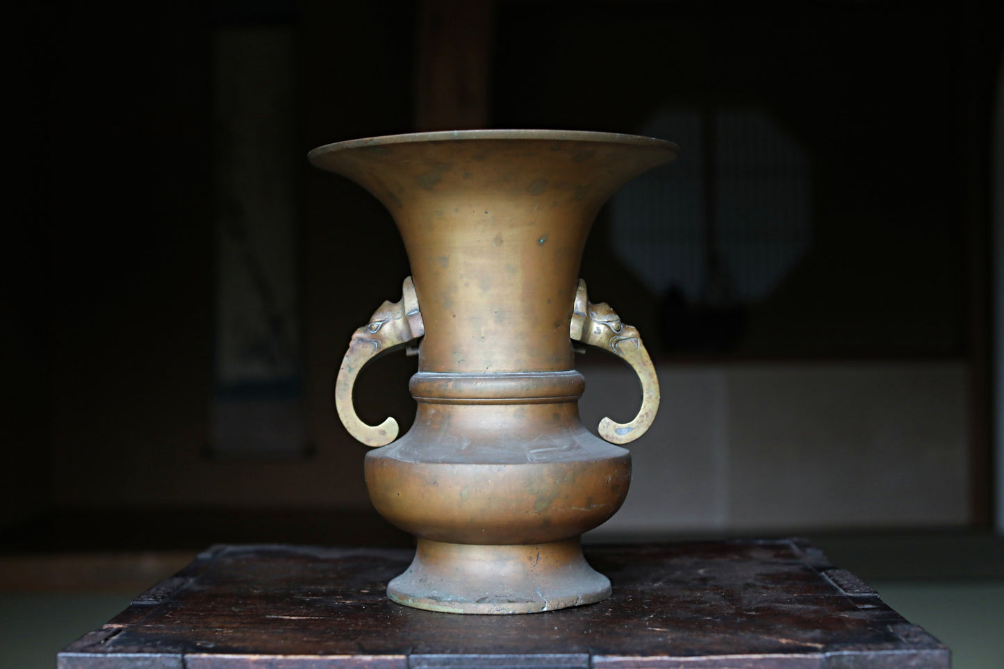 Japanese antique Large Brass vase with lions from a buddhist temple, ikebana utensil 1800s H11.5in/H29cm