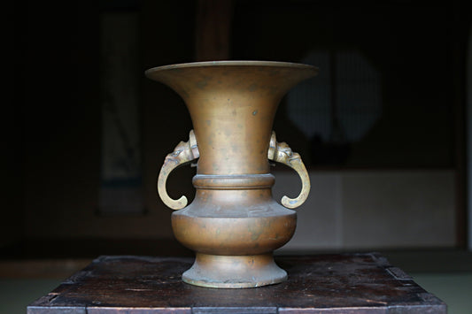 Japanese antique Large Brass vase with lions from a buddhist temple, ikebana utensil 1800s H11.5in/H29cm
