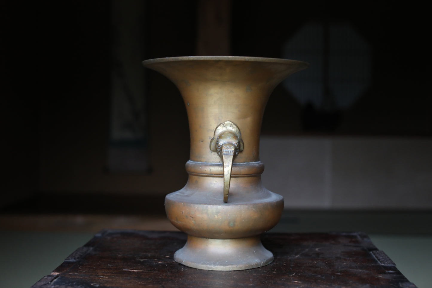 Japanese antique Large Brass vase with lions from a buddhist temple, ikebana utensil 1800s H11.5in/H29cm