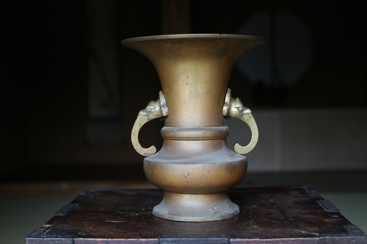 Japanese antique Large Brass vase with lions from a buddhist temple, ikebana utensil 1800s H11.5in/H29cm