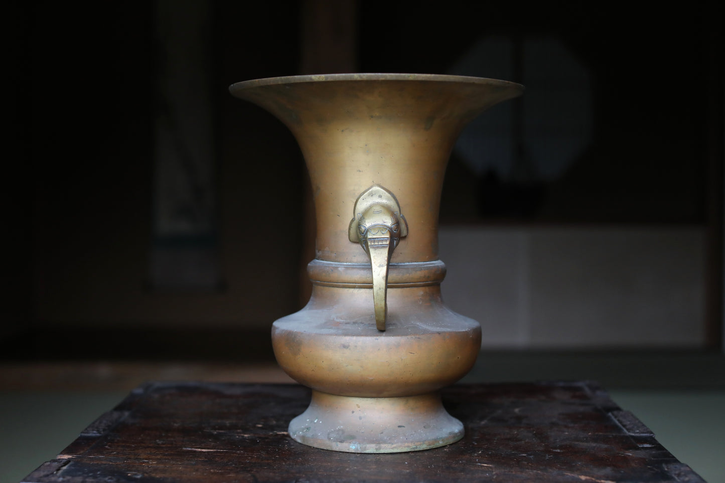 Japanese antique Large Brass vase with lions from a buddhist temple, ikebana utensil 1800s H11.5in/H29cm