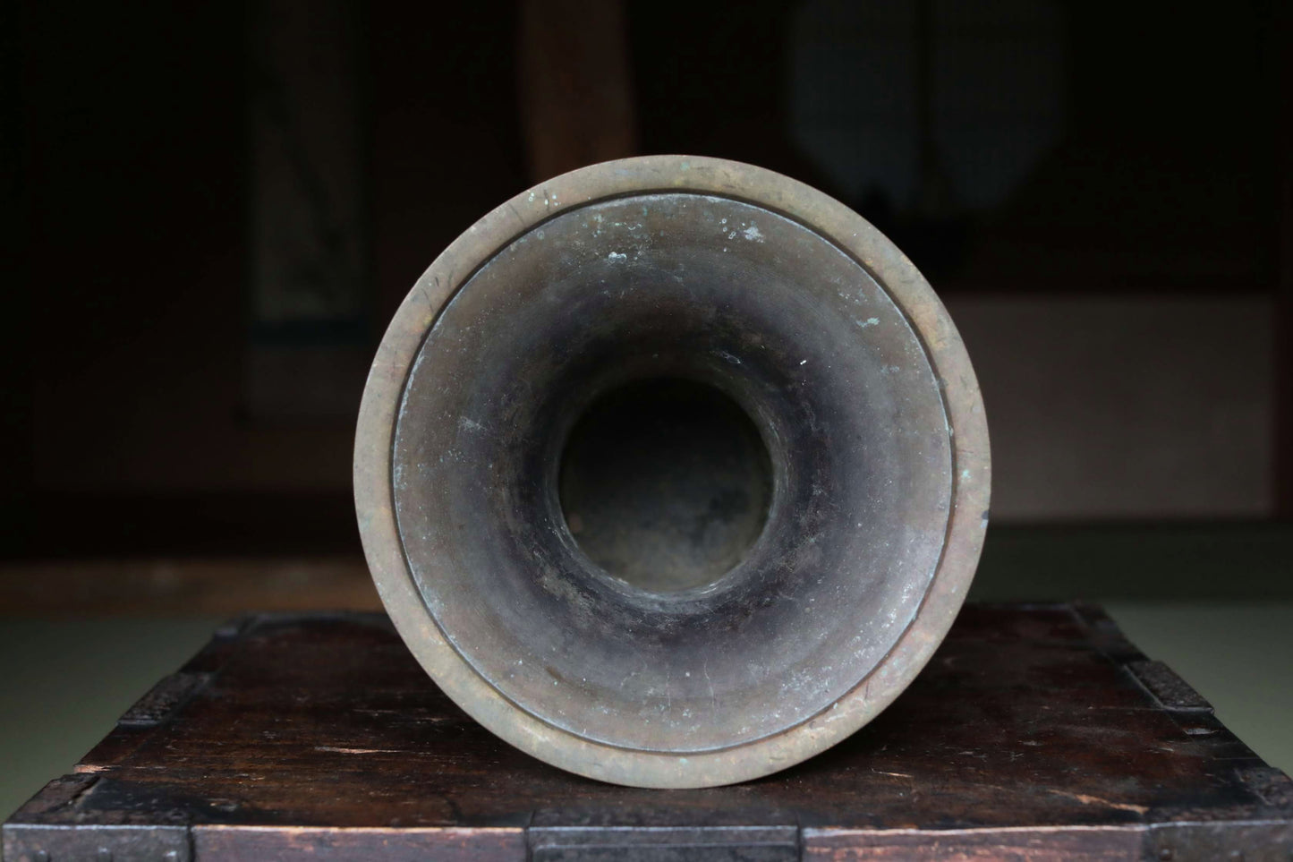 Japanese antique Large Brass vase with lions from a buddhist temple, ikebana utensil 1800s H11.5in/H29cm