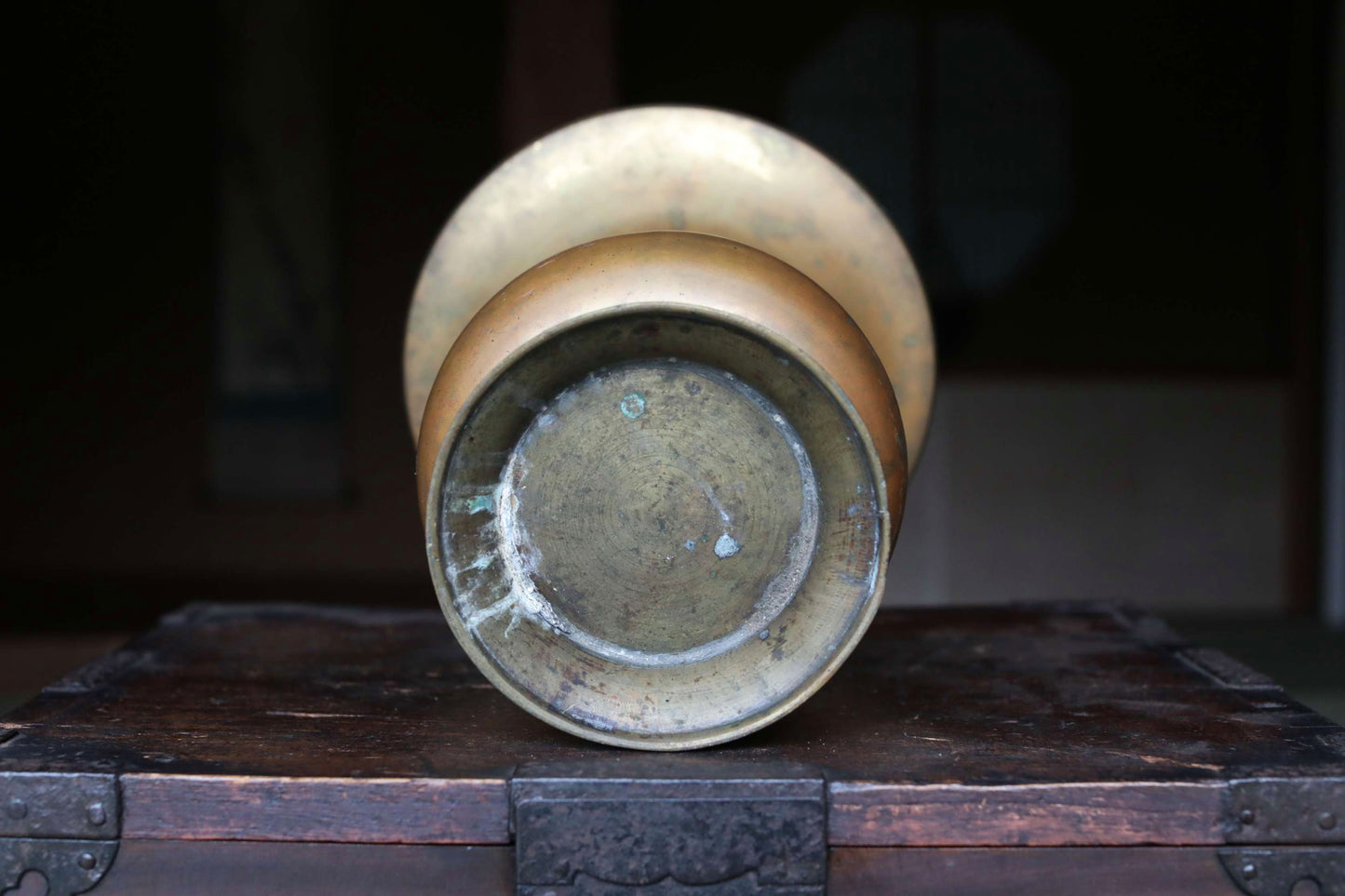 Japanese antique Large Brass vase with lions from a buddhist temple, ikebana utensil 1800s H11.5in/H29cm