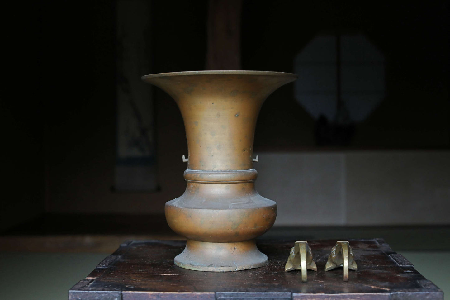 Japanese antique Large Brass vase with lions from a buddhist temple, ikebana utensil 1800s H11.5in/H29cm