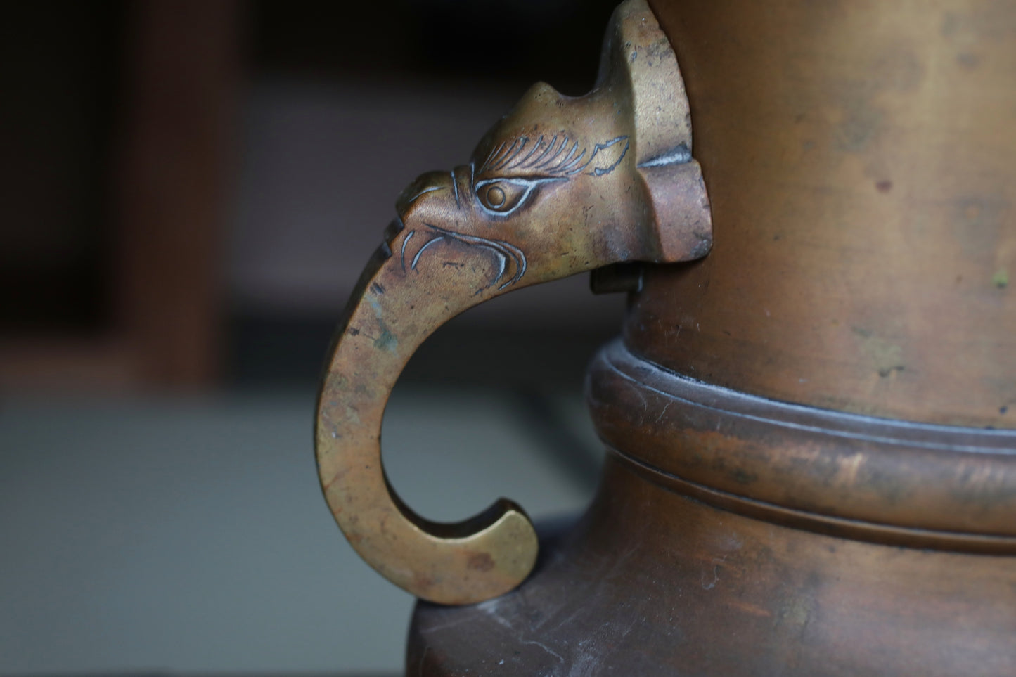 Japanese antique Large Brass vase with lions from a buddhist temple, ikebana utensil 1800s H11.5in/H29cm