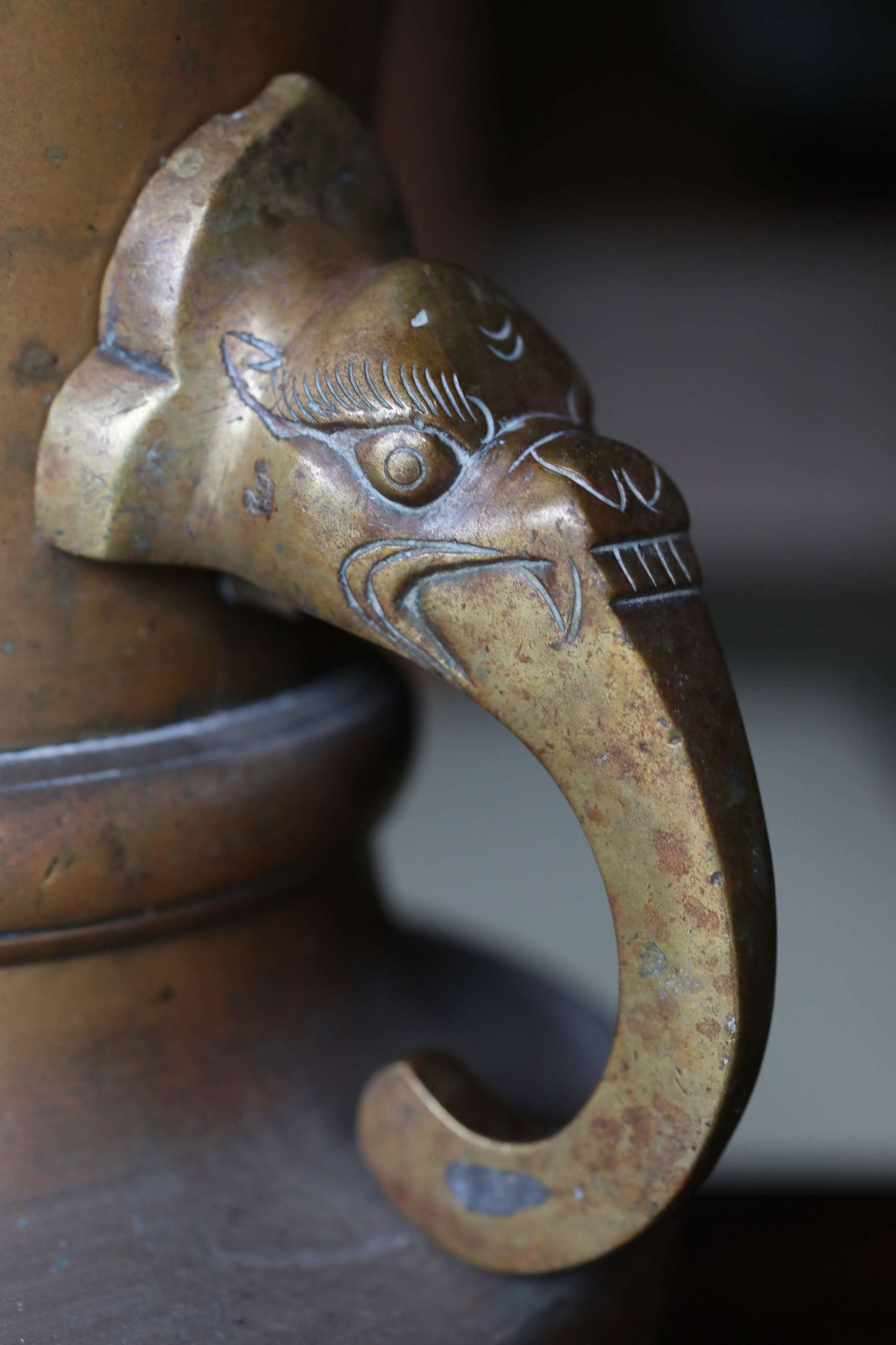 Japanese antique Large Brass vase with lions from a buddhist temple, ikebana utensil 1800s H11.5in/H29cm