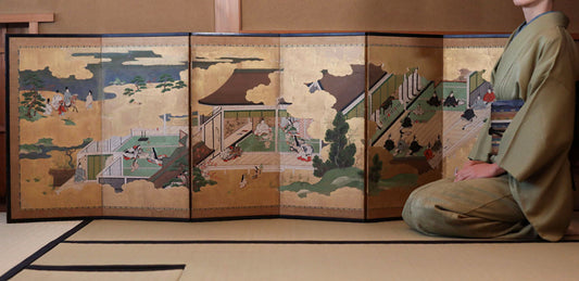 Japanese antique furniture Edo Gold Silver Byobu wind screen of The Tale of Genji, Double-sided painting W80.3in/H204cm