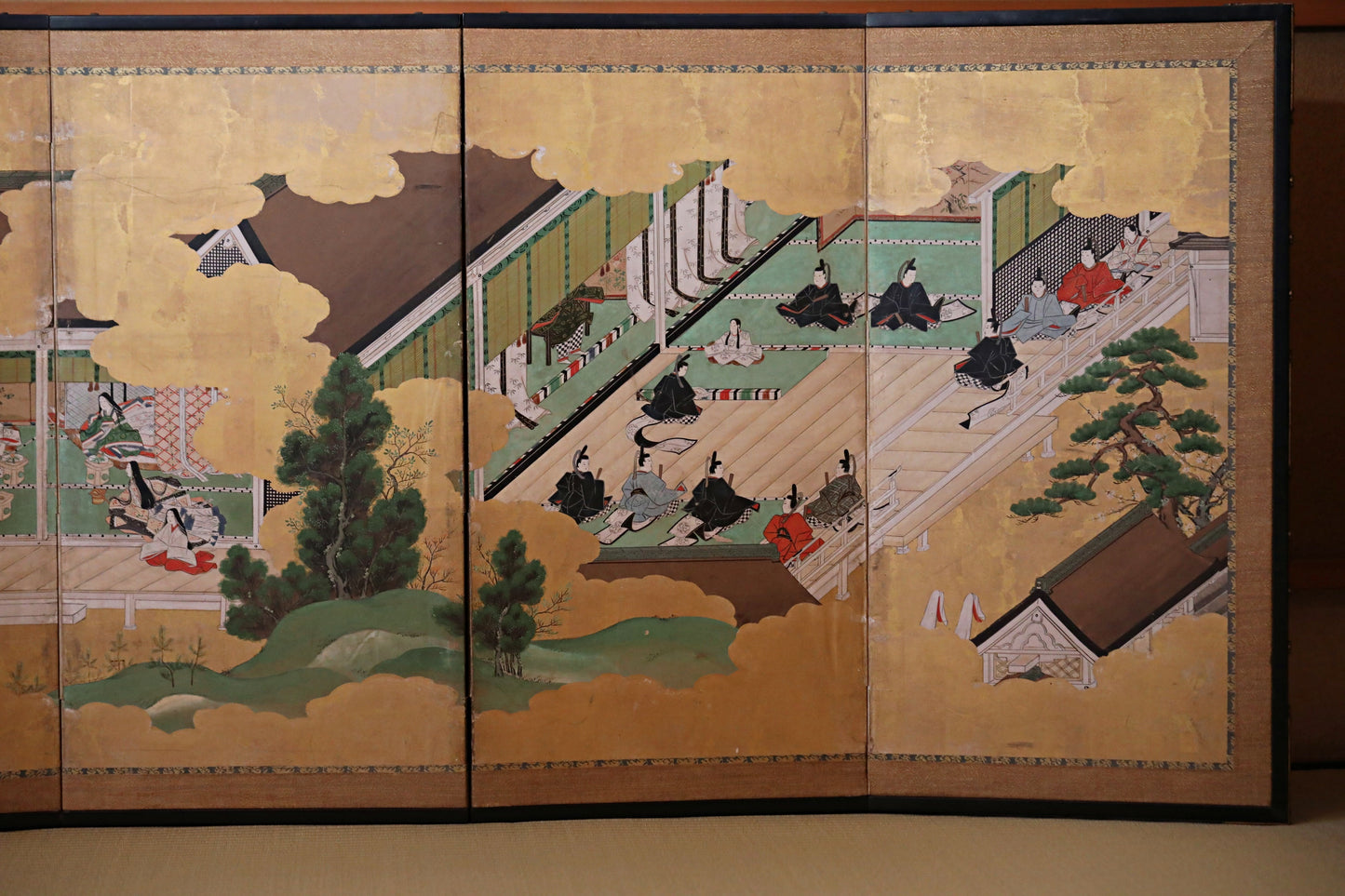 Japanese antique furniture Edo Gold Silver Byobu wind screen of The Tale of Genji, Double-sided painting W80.3in/H204cm