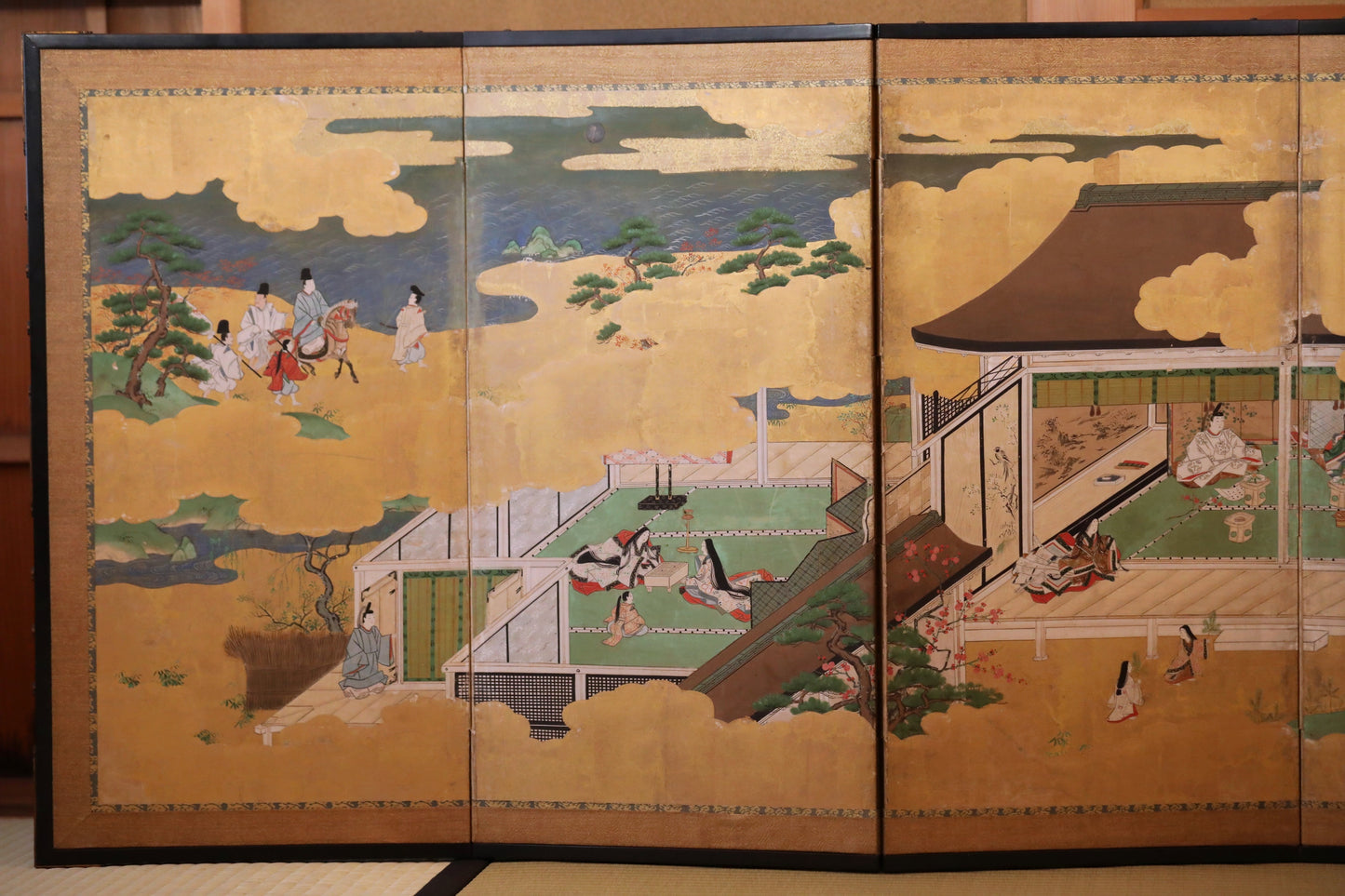 Japanese antique furniture Edo Gold Silver Byobu wind screen of The Tale of Genji, Double-sided painting W80.3in/H204cm