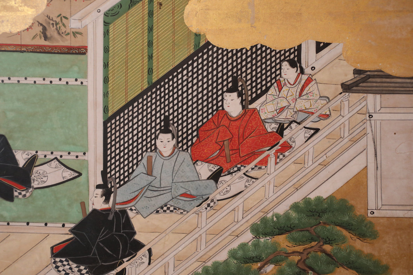 Japanese antique furniture Edo Gold Silver Byobu wind screen of The Tale of Genji, Double-sided painting W80.3in/H204cm