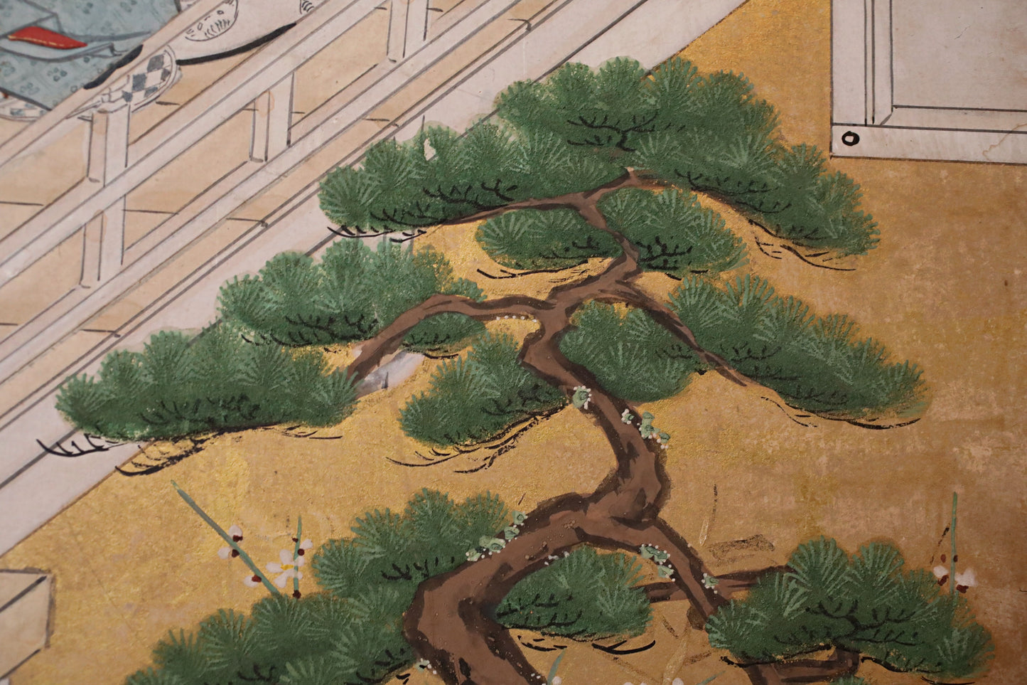 Japanese antique furniture Edo Gold Silver Byobu wind screen of The Tale of Genji, Double-sided painting W80.3in/H204cm