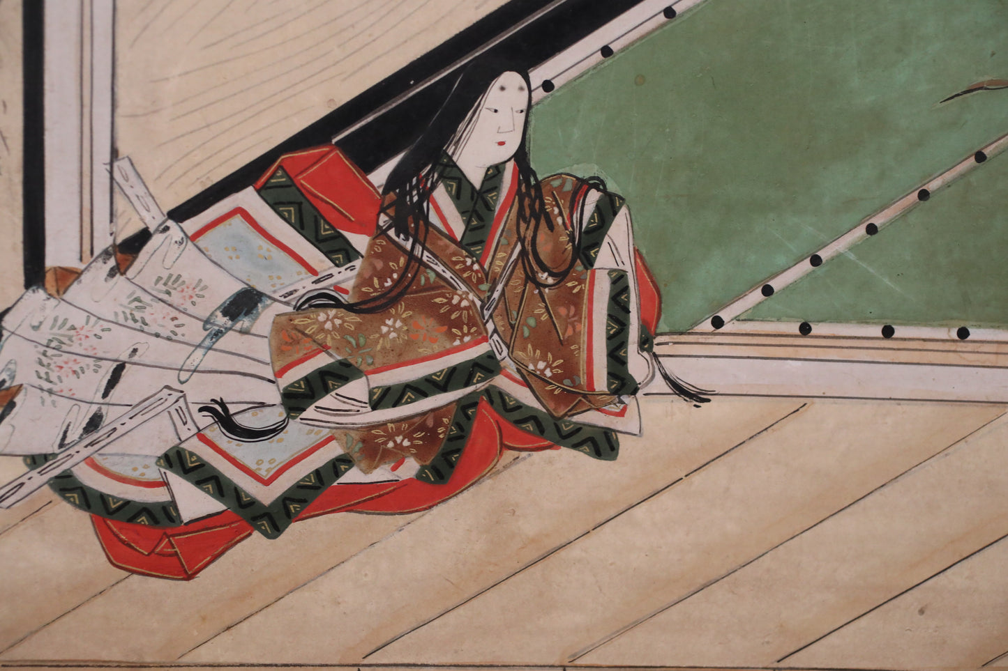 Japanese antique furniture Edo Gold Silver Byobu wind screen of The Tale of Genji, Double-sided painting W80.3in/H204cm