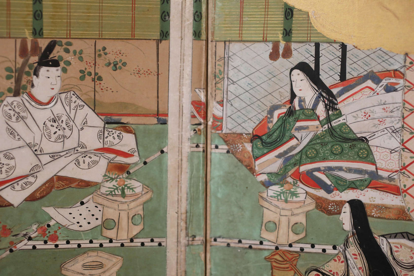 Japanese antique furniture Edo Gold Silver Byobu wind screen of The Tale of Genji, Double-sided painting W80.3in/H204cm