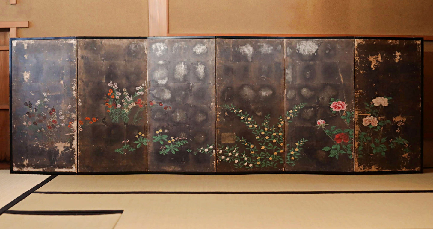 Japanese antique furniture Edo Gold Silver Byobu wind screen of The Tale of Genji, Double-sided painting W80.3in/H204cm