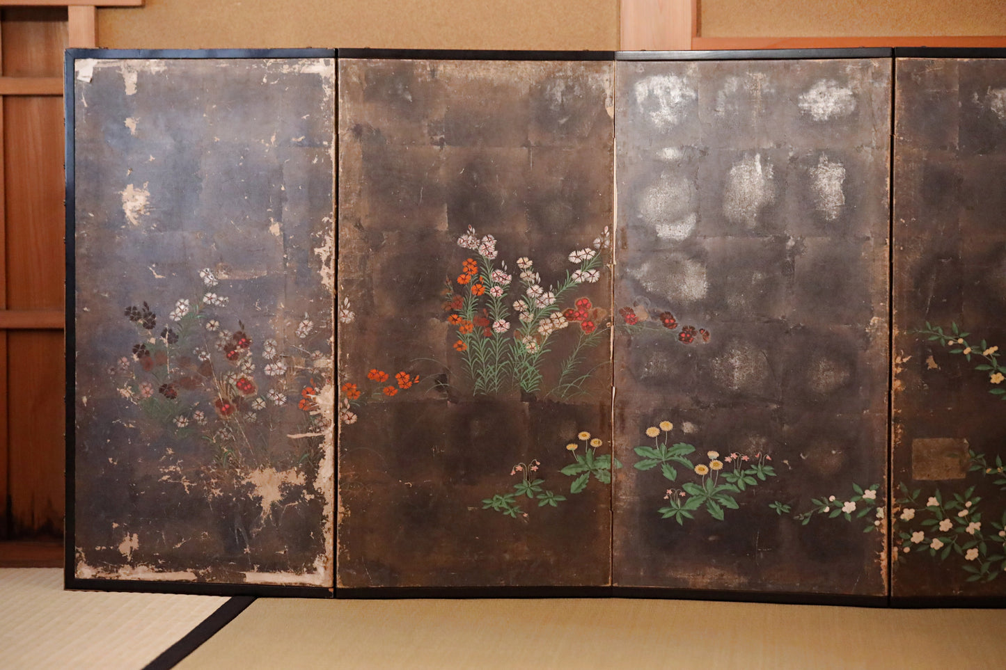 Japanese antique furniture Edo Gold Silver Byobu wind screen of The Tale of Genji, Double-sided painting W80.3in/H204cm