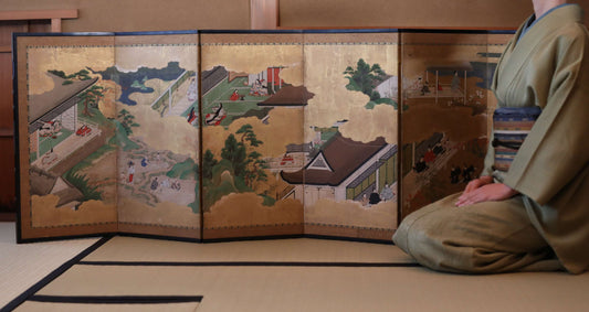Japanese antique furniture Gold Silver Byobu wind screen of The Tale of Genji, Double-sided painting 17th century W80.3in/H204cm