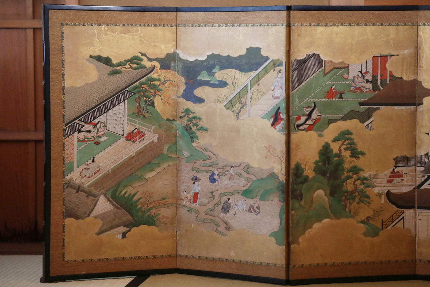 Japanese antique furniture Gold Silver Byobu wind screen of The Tale of Genji, Double-sided painting 17th century W80.3in/H204cm