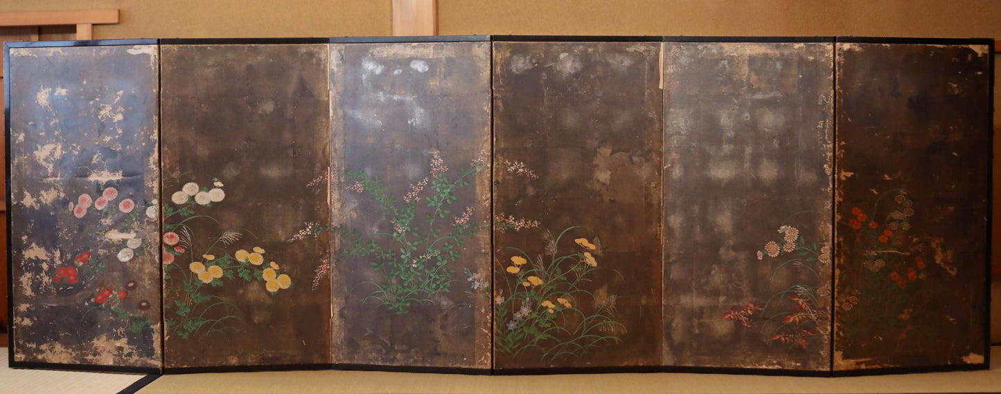 Japanese antique furniture Gold Silver Byobu wind screen of The Tale of Genji, Double-sided painting 17th century W80.3in/H204cm
