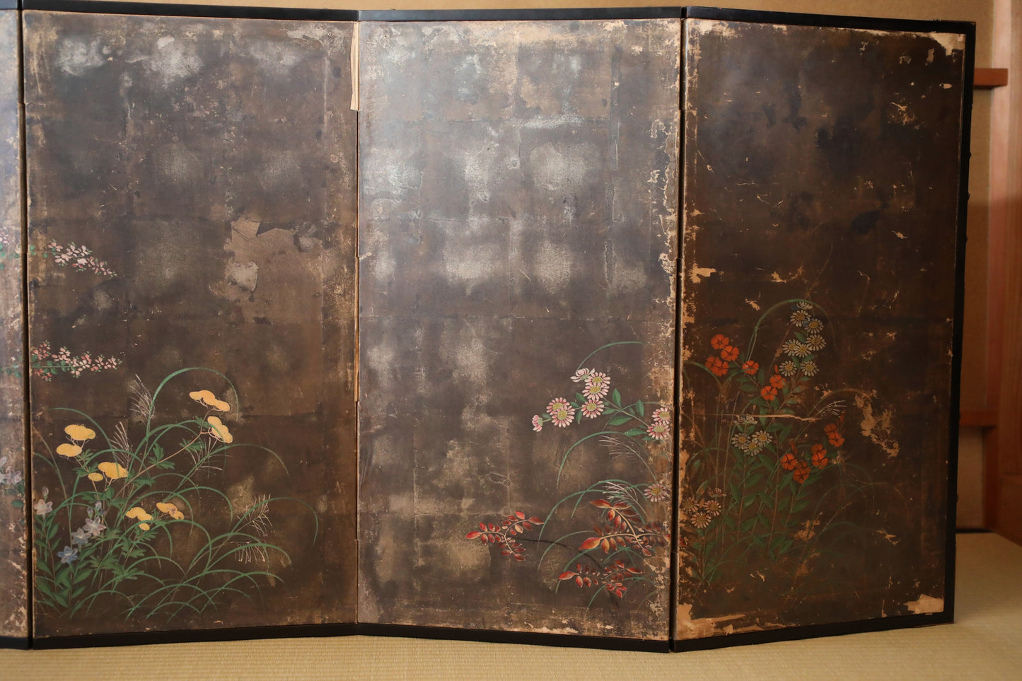 Japanese antique furniture Gold Silver Byobu wind screen of The Tale of Genji, Double-sided painting 17th century W80.3in/H204cm
