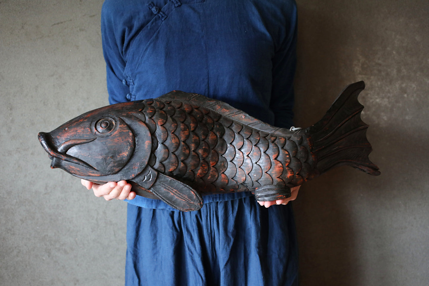 Japanese antique jizai fish wood large