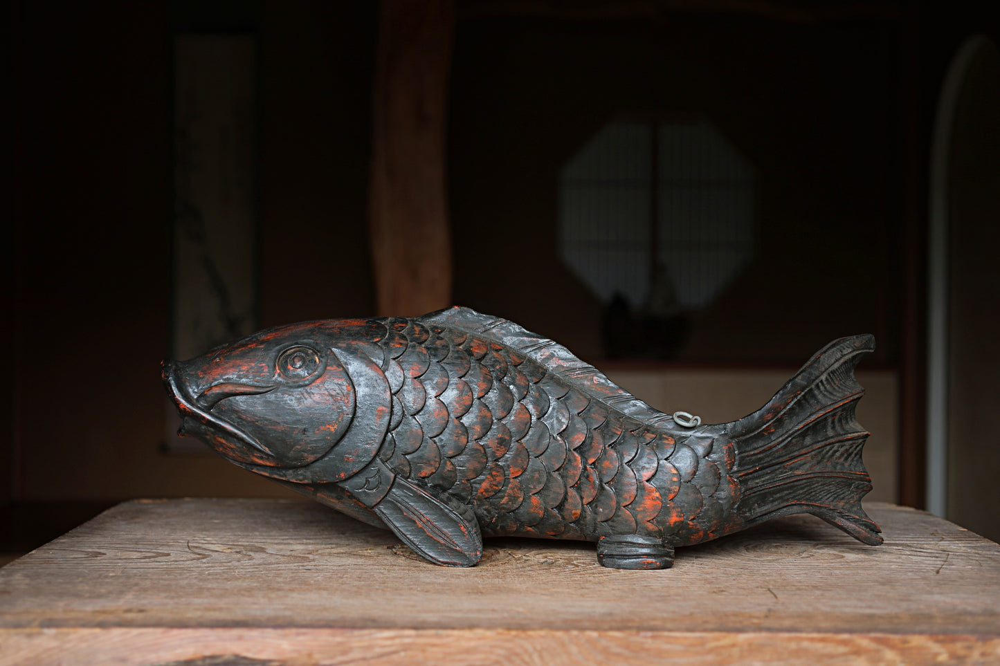 Japanese antique 1900s wooden art sculpture, hand carving large fish ,IRORI JIZAI craft