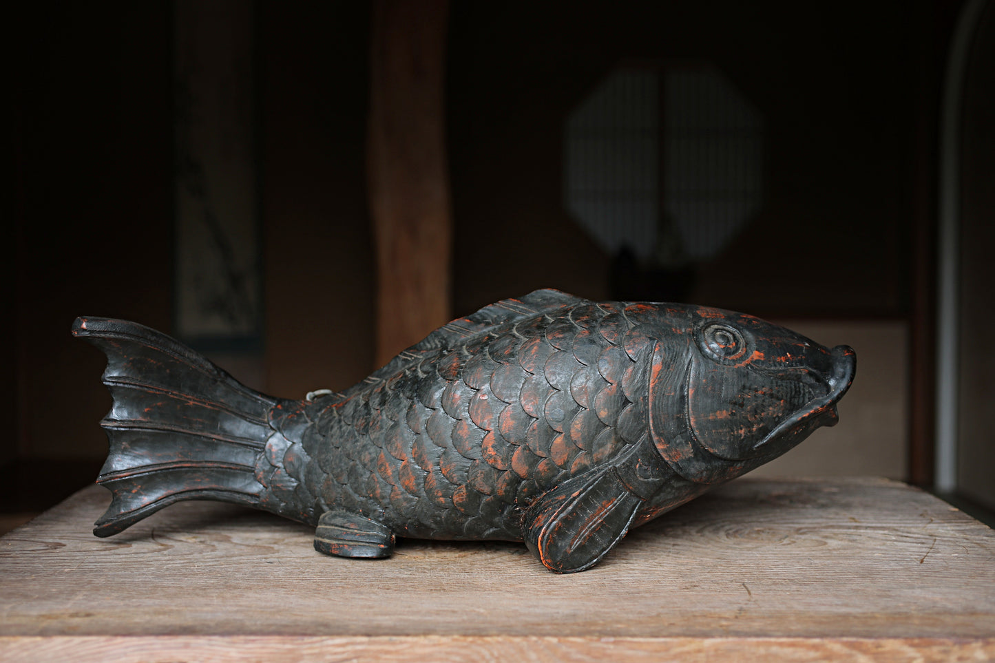 Japanese antique 1900s wooden art sculpture, hand carving large fish ,IRORI JIZAI craft