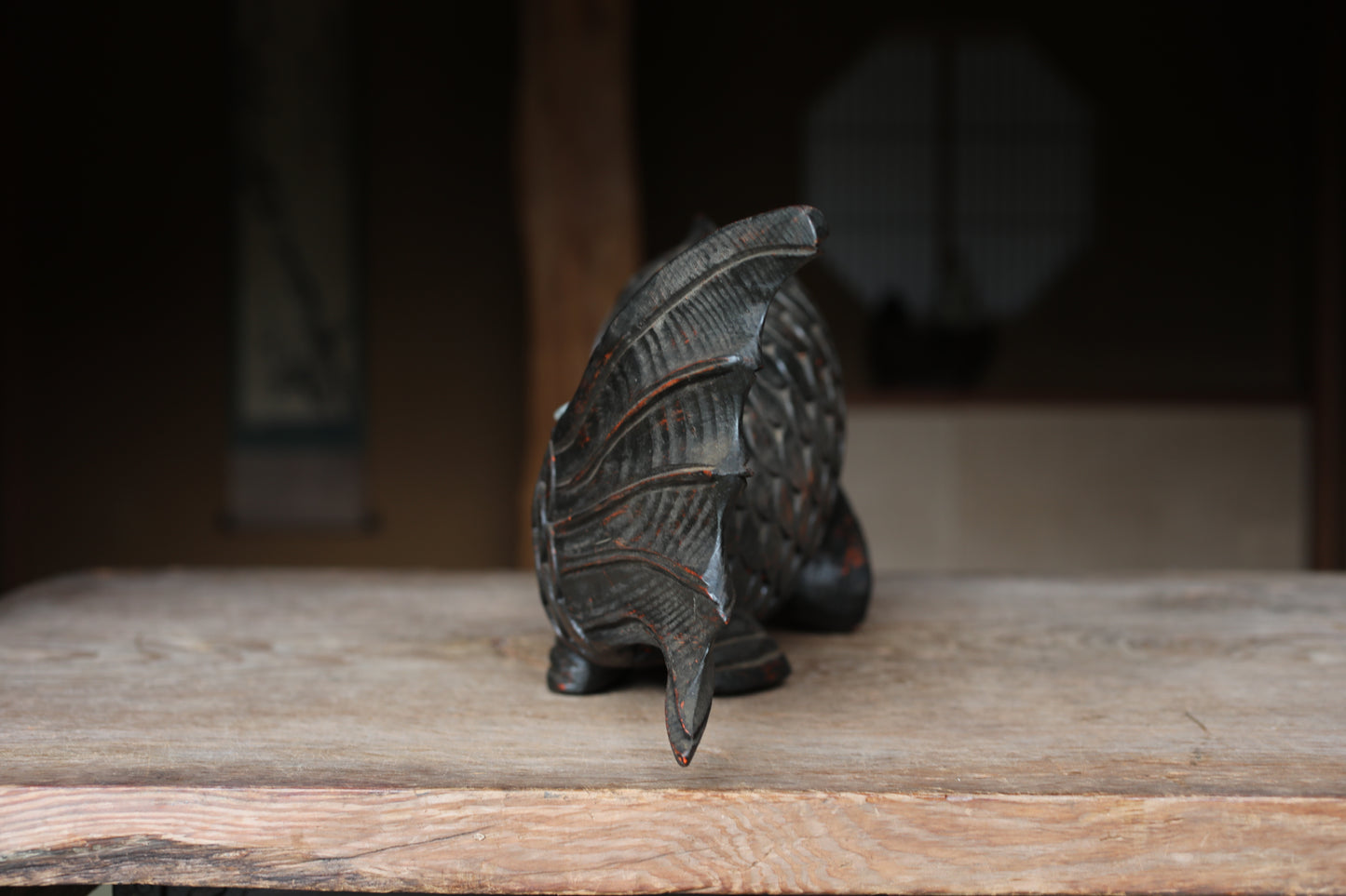 Japanese antique 1900s wooden art sculpture, hand carving large fish ,IRORI JIZAI craft