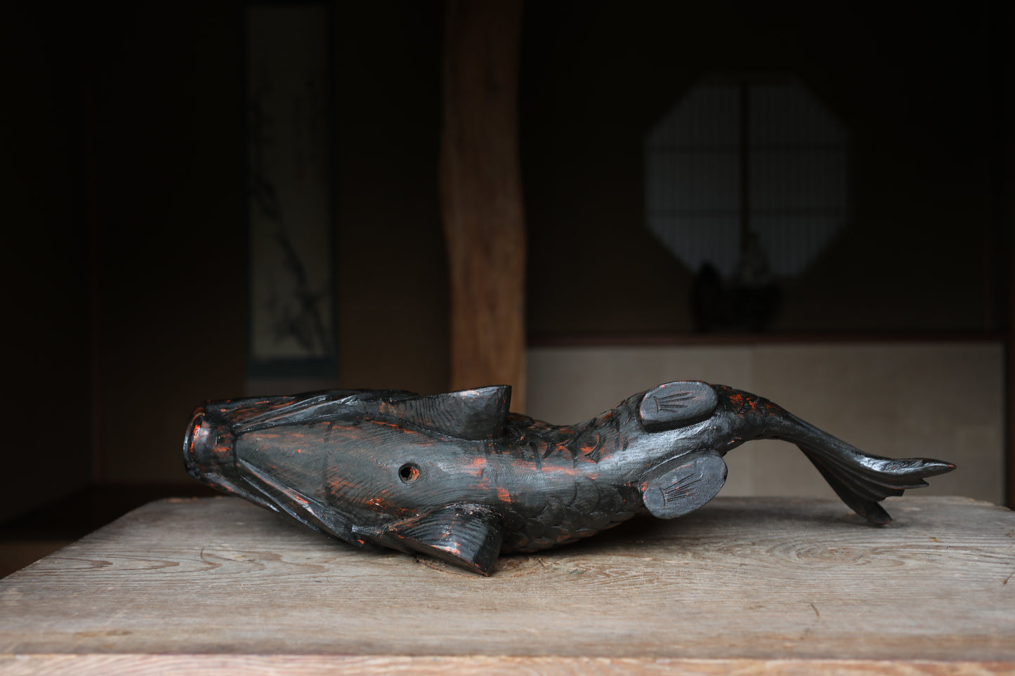 Japanese antique 1900s wooden art sculpture, hand carving large fish ,IRORI JIZAI craft