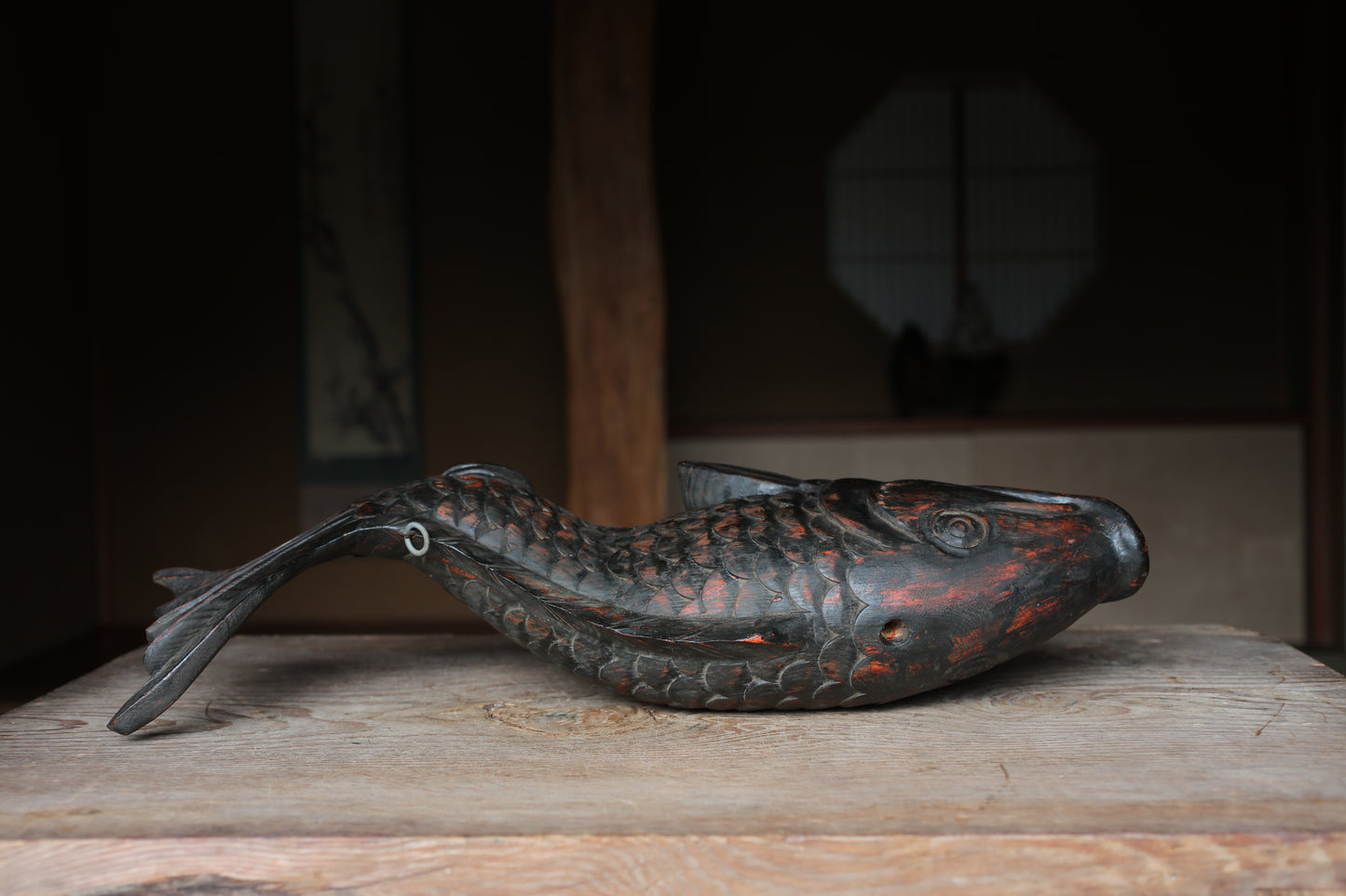 Japanese antique 1900s wooden art sculpture, hand carving large fish ,IRORI JIZAI craft