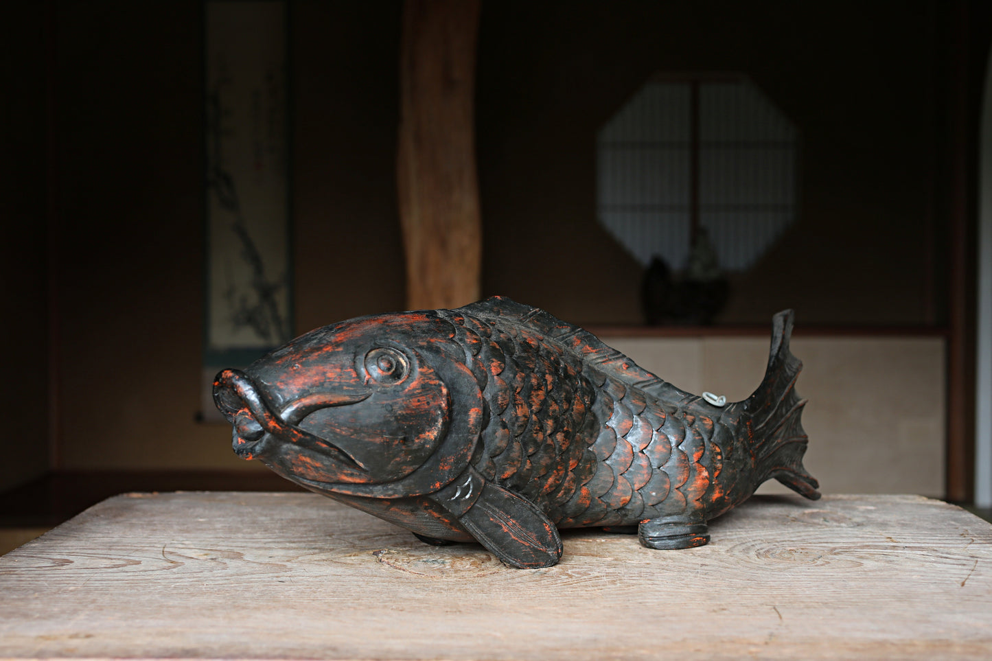 Japanese antique 1900s wooden art sculpture, hand carving large fish ,IRORI JIZAI craft