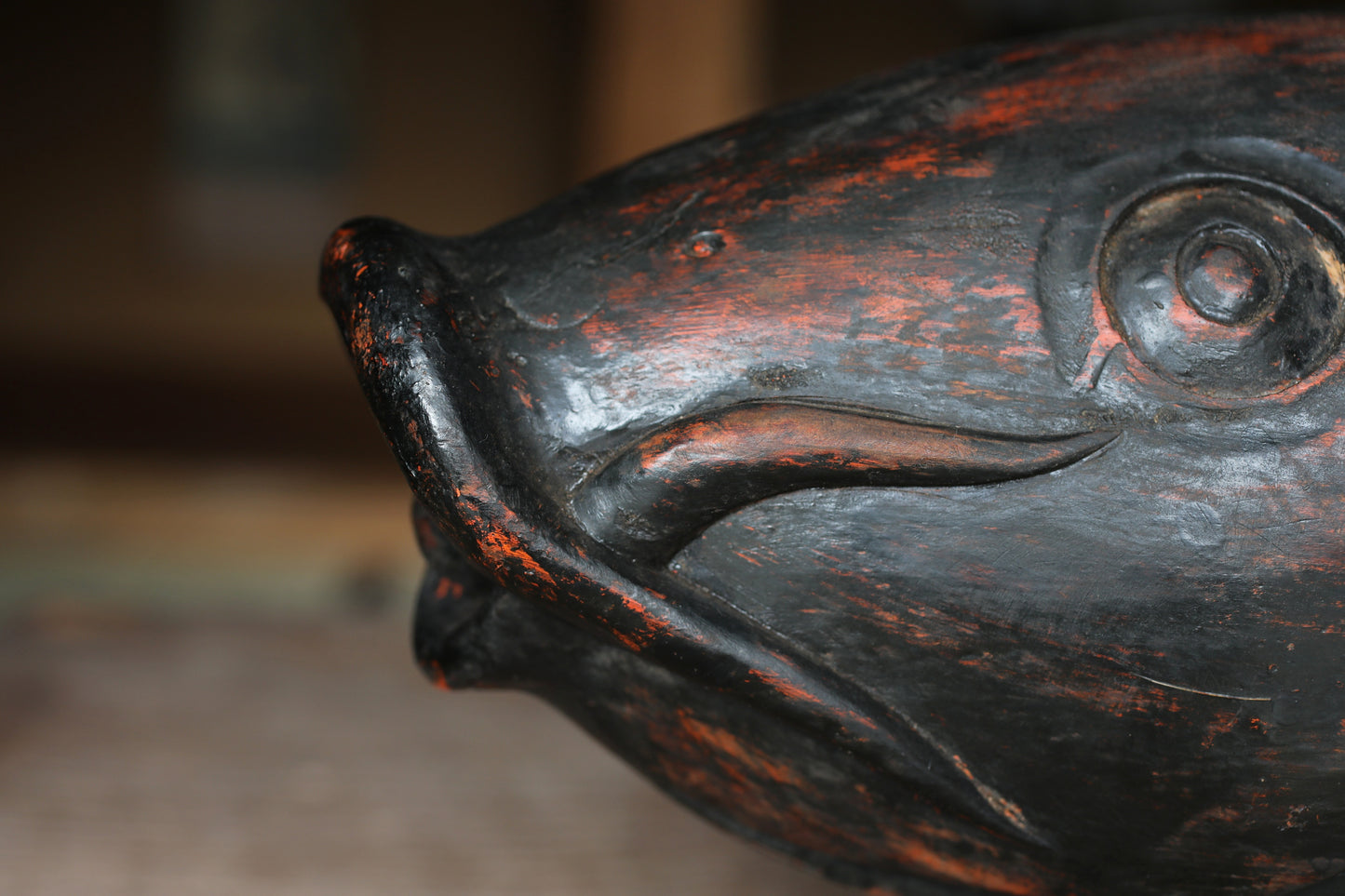 Japanese antique 1900s wooden art sculpture, hand carving large fish ,IRORI JIZAI craft