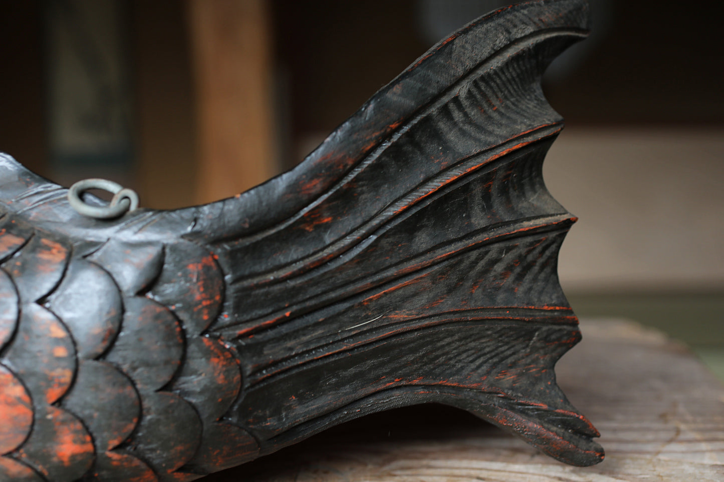 Japanese antique 1900s wooden art sculpture, hand carving large fish ,IRORI JIZAI craft