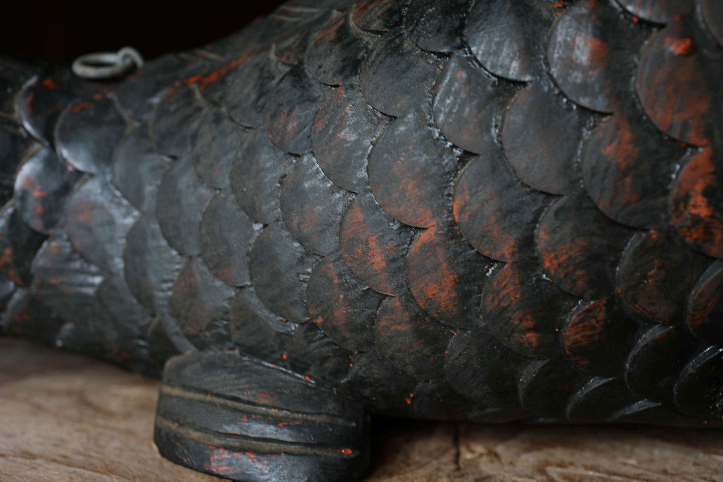 Japanese antique 1900s wooden art sculpture, hand carving large fish ,IRORI JIZAI craft