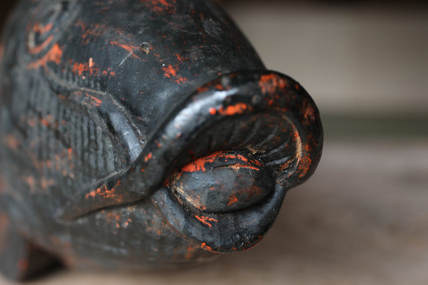 Japanese antique 1900s wooden art sculpture, hand carving large fish ,IRORI JIZAI craft