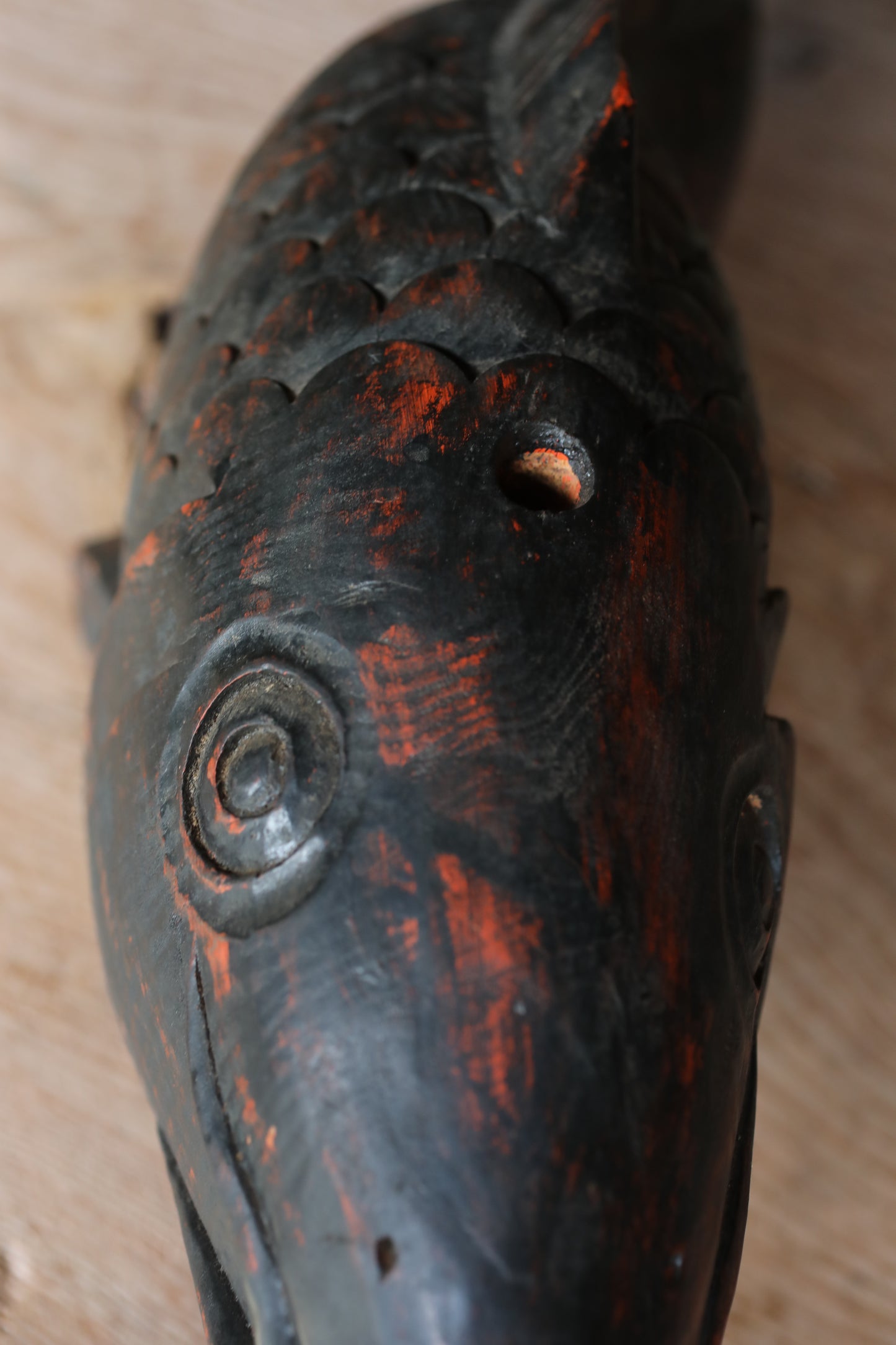 Japanese antique 1900s wooden art sculpture, hand carving large fish ,IRORI JIZAI craft