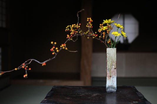 Japanese vintage pottery hanging rectangular shape flower vase "Shigaraki ware" soil color H9.4in/H24cm