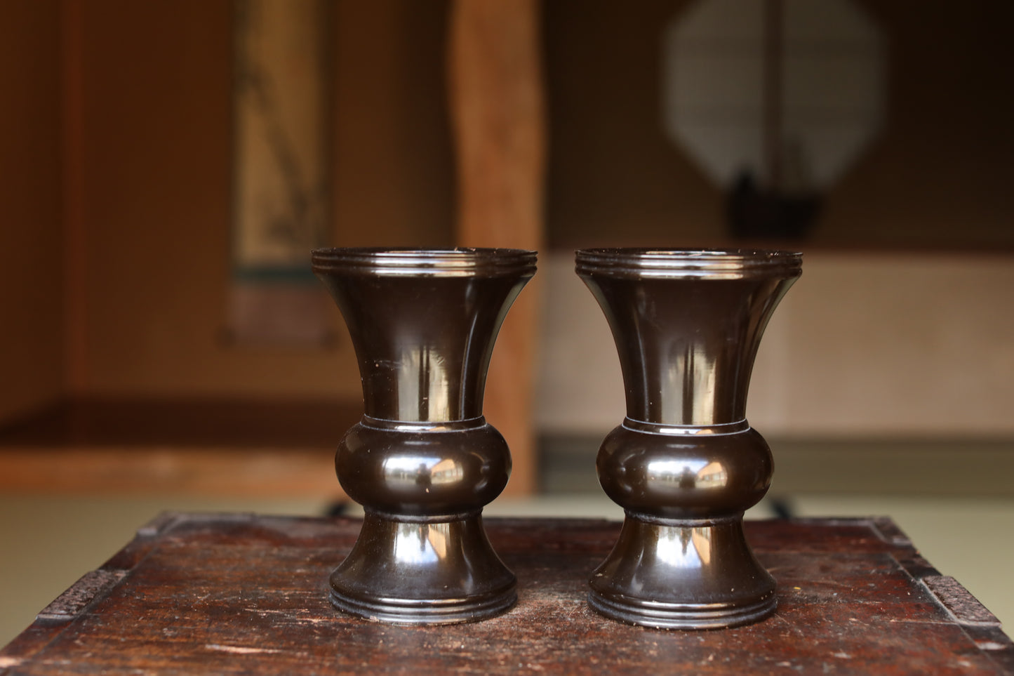 Bronze- A pair of Vintage 1970s Japanese alloy Vase for Buddhist altar (H7.3in/18.5cm)